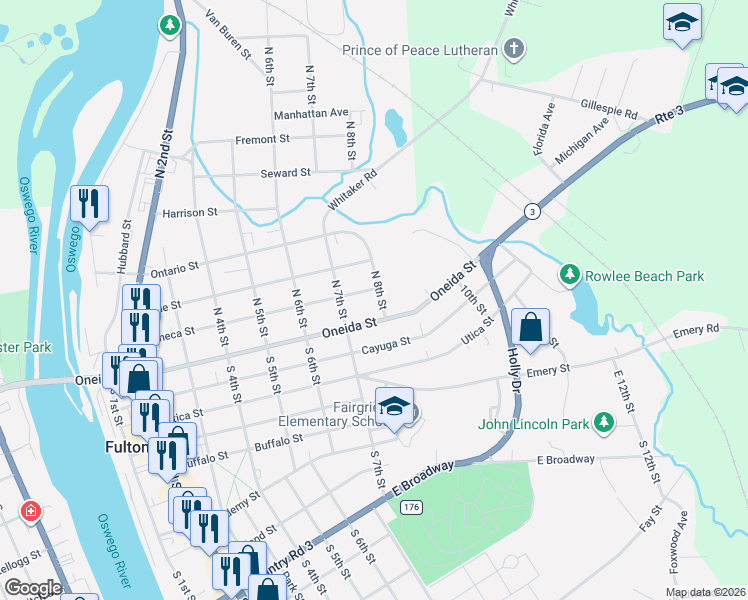 map of restaurants, bars, coffee shops, grocery stores, and more near 10 North 8th Street in Fulton