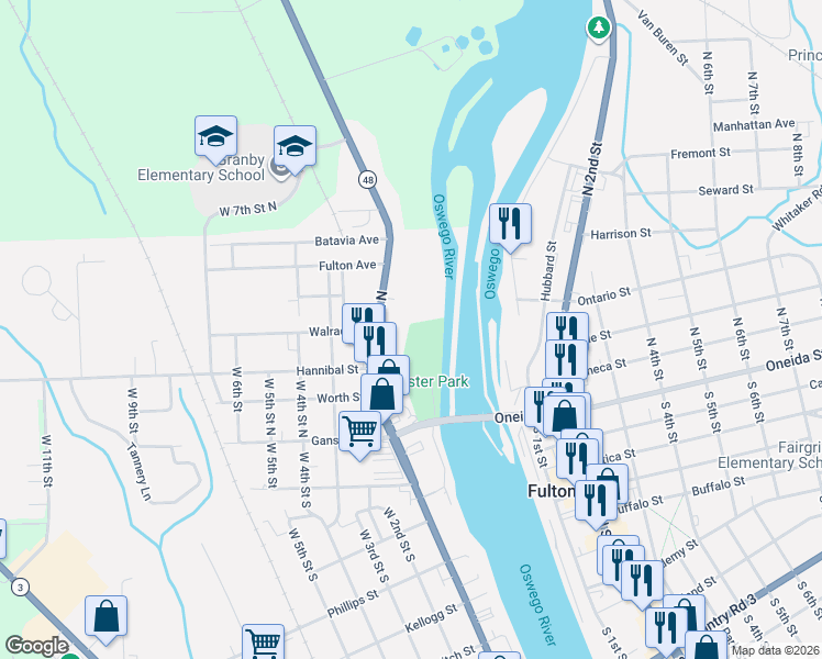 map of restaurants, bars, coffee shops, grocery stores, and more near 12-16 Foster Street in Fulton