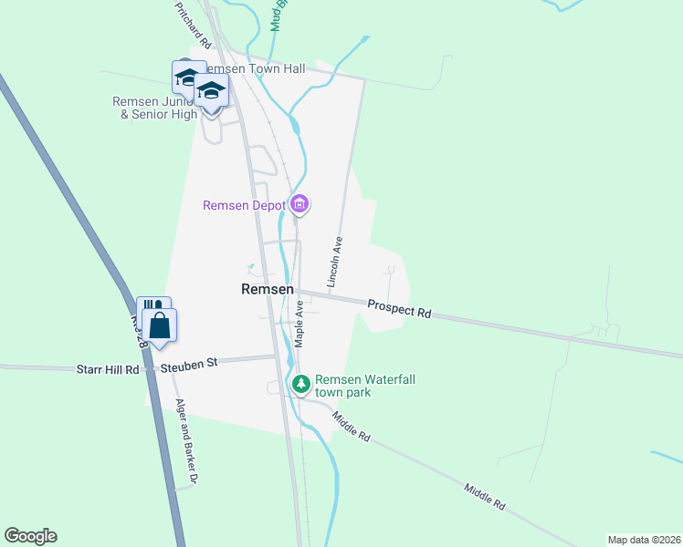 map of restaurants, bars, coffee shops, grocery stores, and more near 9620 Lincoln Ave in Remsen