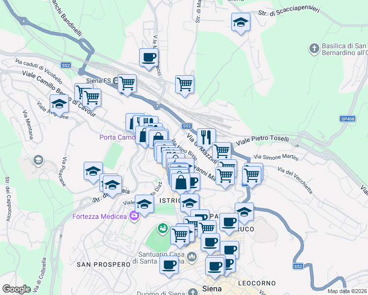 map of restaurants, bars, coffee shops, grocery stores, and more near 10 Via Nino Bixio in Siena