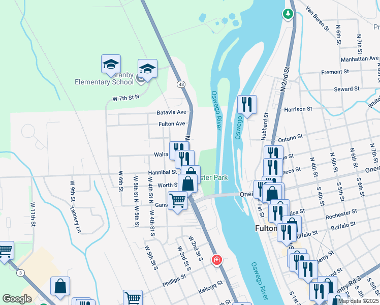 map of restaurants, bars, coffee shops, grocery stores, and more near 151 West 1st Street North in Fulton