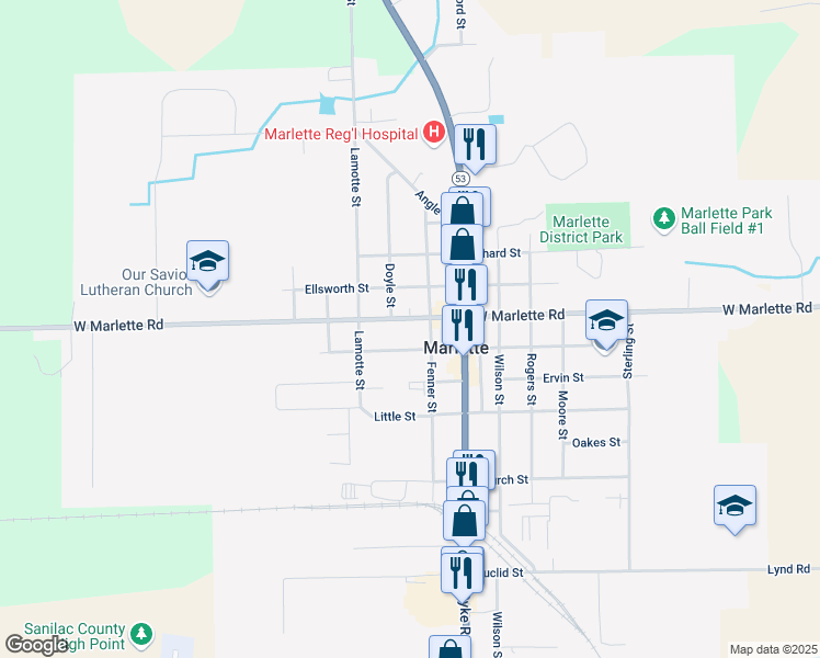 map of restaurants, bars, coffee shops, grocery stores, and more near 6525 Marlette Road in Marlette
