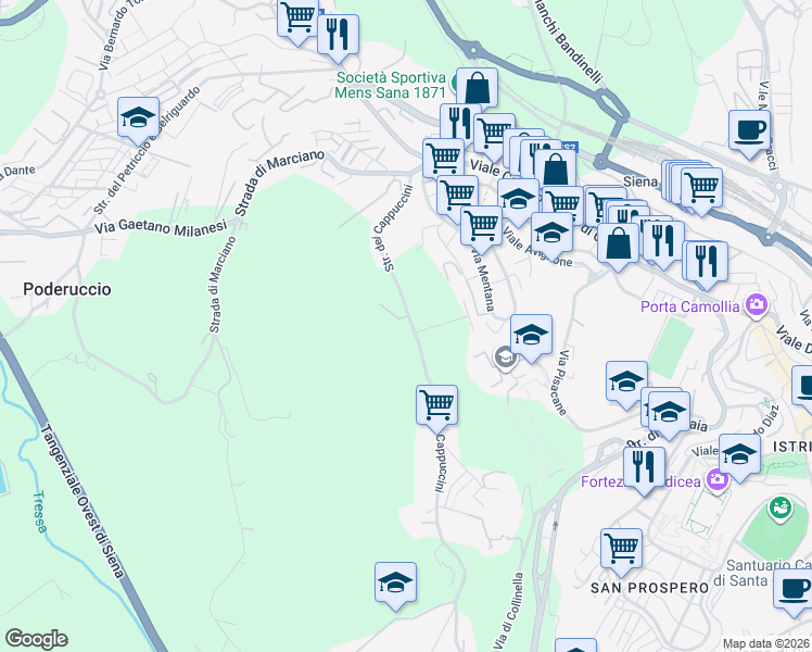 map of restaurants, bars, coffee shops, grocery stores, and more near 70 Strada dei Cappuccini in Siena