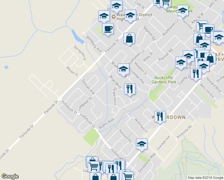 map of restaurants, bars, coffee shops, grocery stores, and more near 11 Pinecreek Road in Hamilton