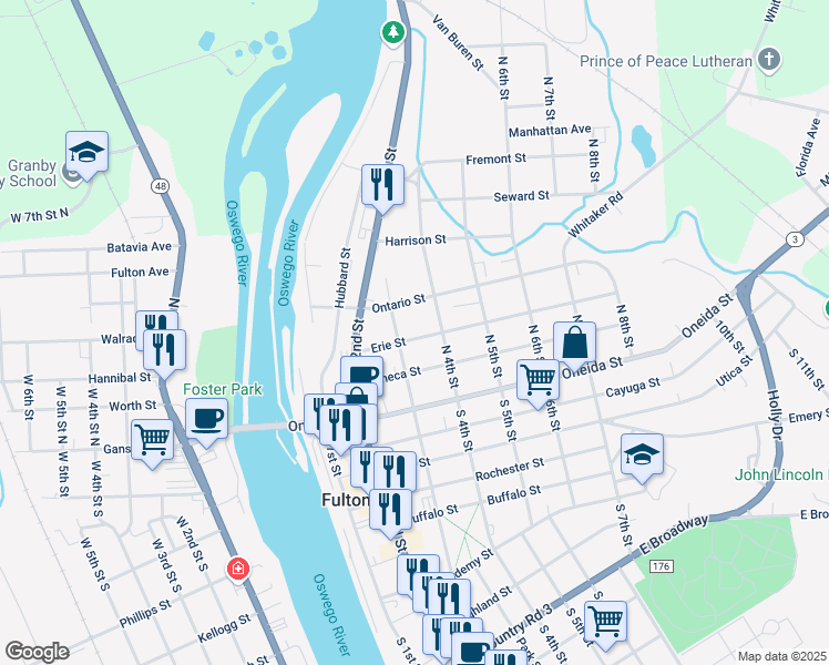 map of restaurants, bars, coffee shops, grocery stores, and more near 309 Erie Street in Fulton