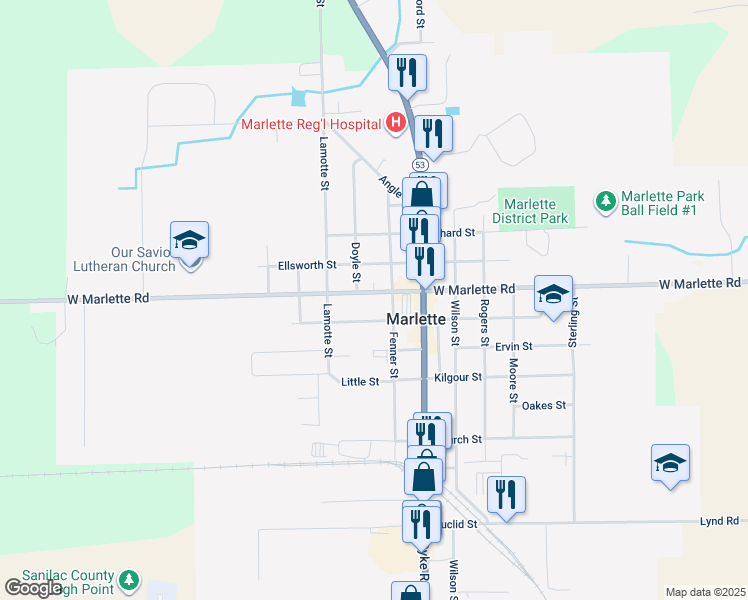 map of restaurants, bars, coffee shops, grocery stores, and more near 6525 Marlette Road in Marlette