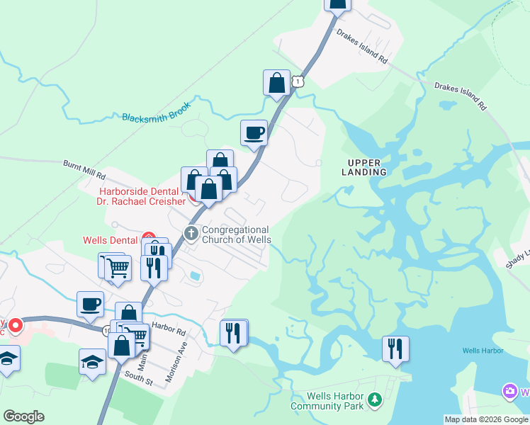 map of restaurants, bars, coffee shops, grocery stores, and more near 15 Webhannet Harbour Road in Wells