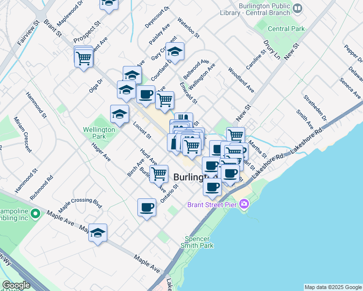 map of restaurants, bars, coffee shops, grocery stores, and more near 497 Brant Street in Burlington