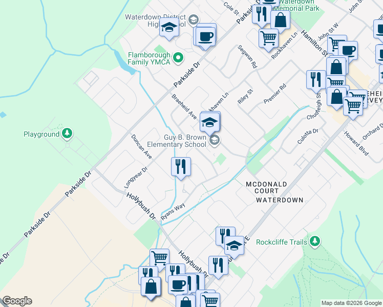 map of restaurants, bars, coffee shops, grocery stores, and more near 11 Pinecreek Road in Hamilton