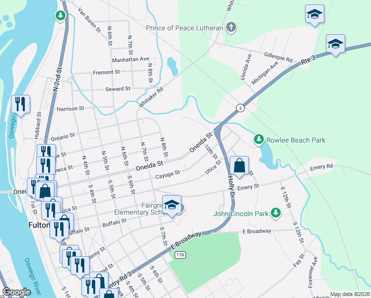 map of restaurants, bars, coffee shops, grocery stores, and more near 837 Oneida Street in Fulton