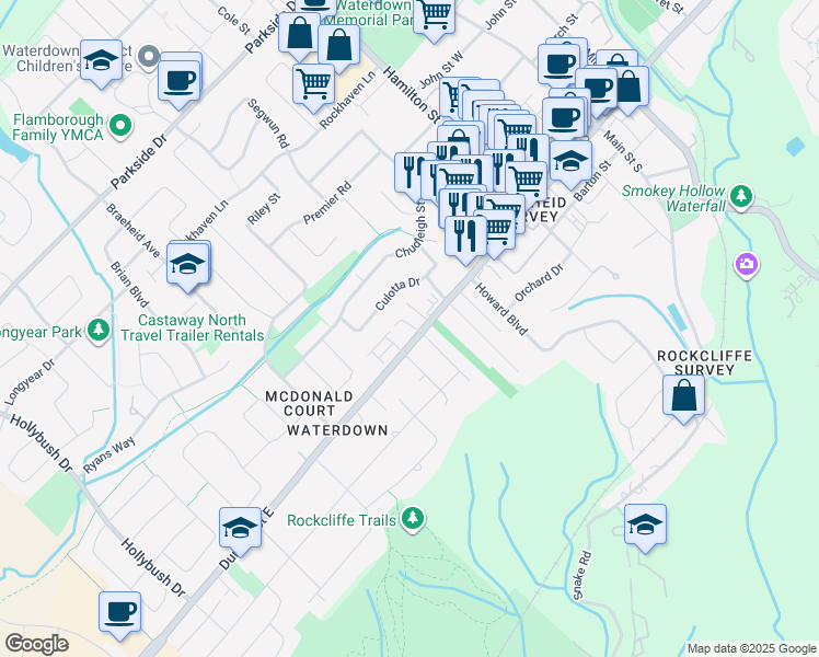 map of restaurants, bars, coffee shops, grocery stores, and more near 219 Dundas Street East in Hamilton