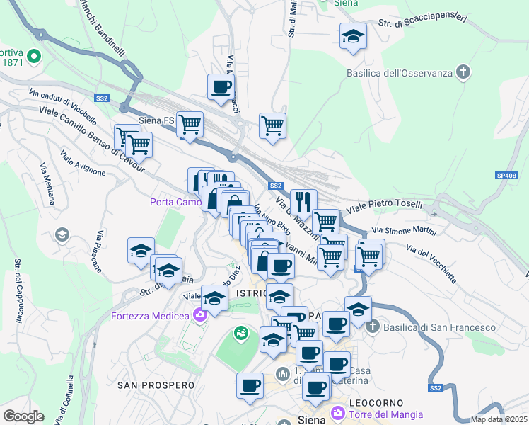 map of restaurants, bars, coffee shops, grocery stores, and more near Via Nino Bixio in Siena