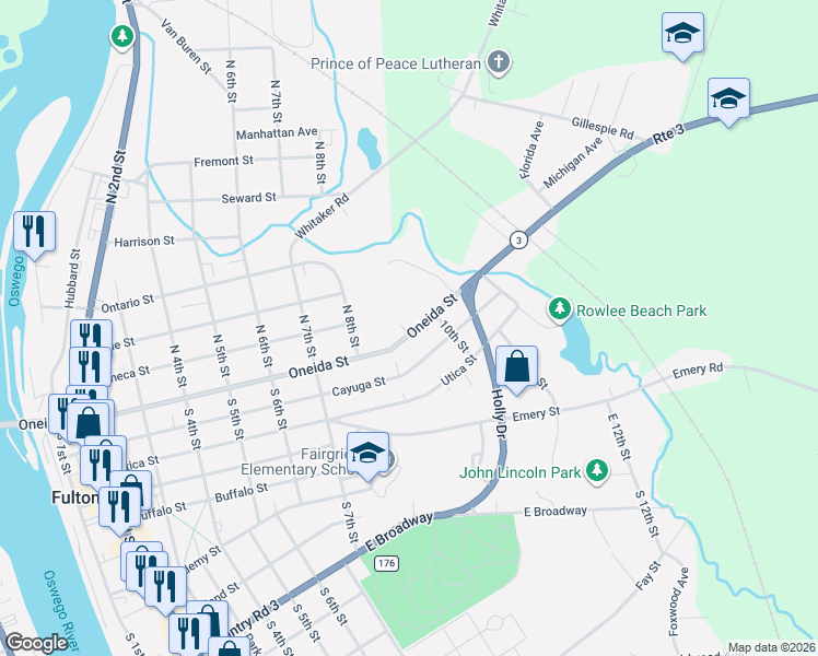 map of restaurants, bars, coffee shops, grocery stores, and more near 837 Oneida Street in Fulton