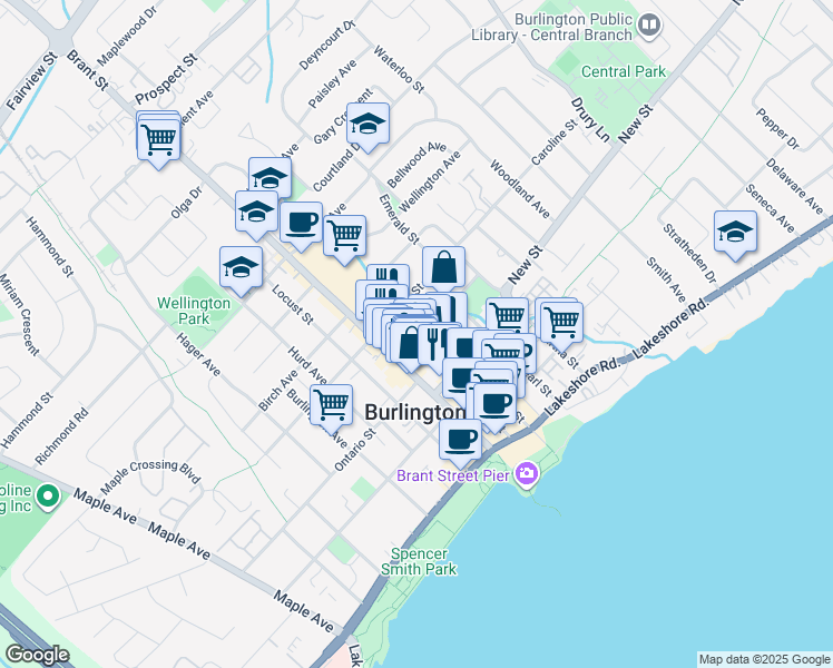 map of restaurants, bars, coffee shops, grocery stores, and more near 2025 Maria Street in Burlington
