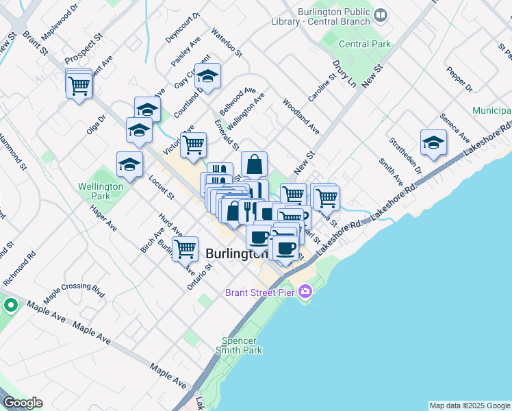 map of restaurants, bars, coffee shops, grocery stores, and more near in Burlington