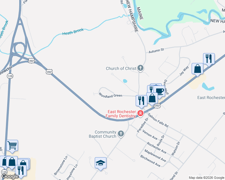 map of restaurants, bars, coffee shops, grocery stores, and more near 107 Woodland Green in Rochester
