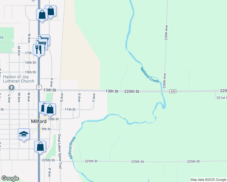 map of restaurants, bars, coffee shops, grocery stores, and more near 699 13th Street in Milford