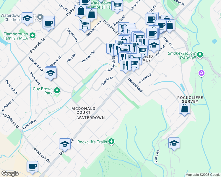 map of restaurants, bars, coffee shops, grocery stores, and more near 219 Dundas Street East in Hamilton