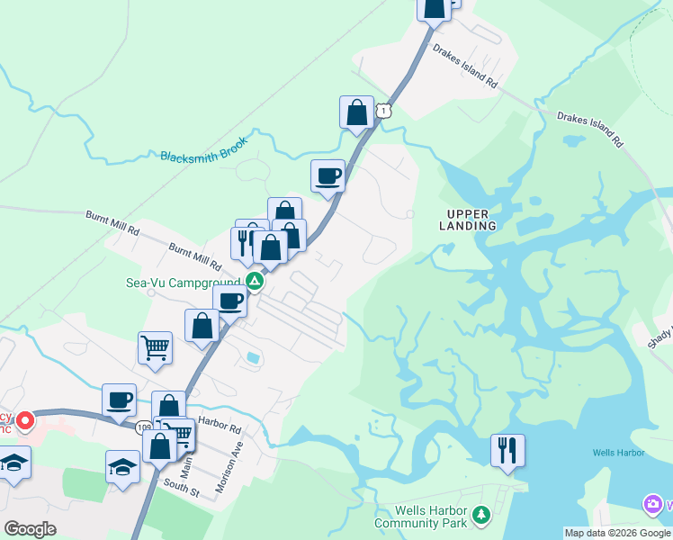 map of restaurants, bars, coffee shops, grocery stores, and more near 1801 Post Road in Wells