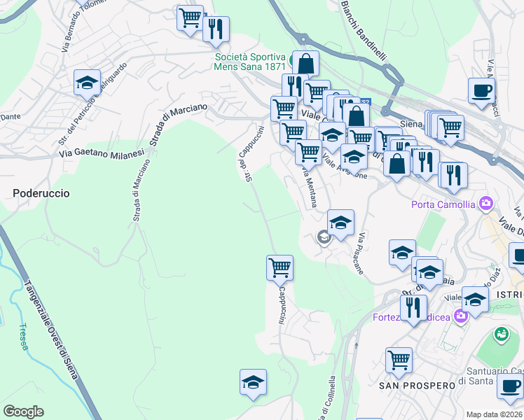 map of restaurants, bars, coffee shops, grocery stores, and more near 70 Strada dei Cappuccini in Siena