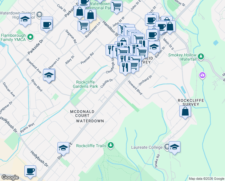 map of restaurants, bars, coffee shops, grocery stores, and more near 219 Dundas Street East in Hamilton