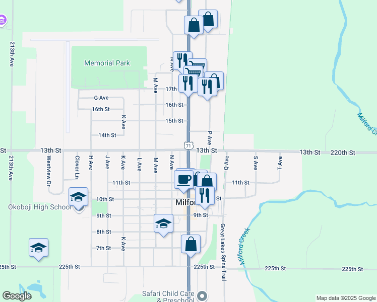map of restaurants, bars, coffee shops, grocery stores, and more near 1298 Okoboji Ave in Milford