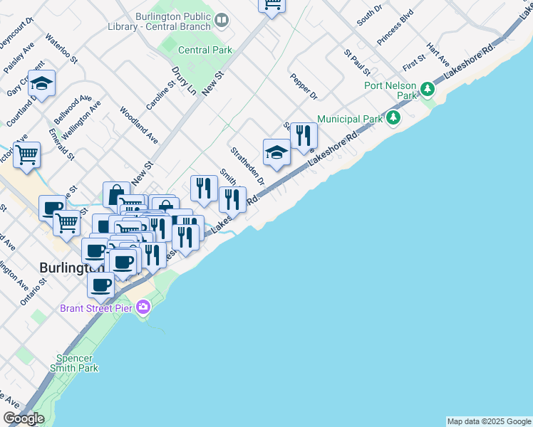 map of restaurants, bars, coffee shops, grocery stores, and more near in Burlington