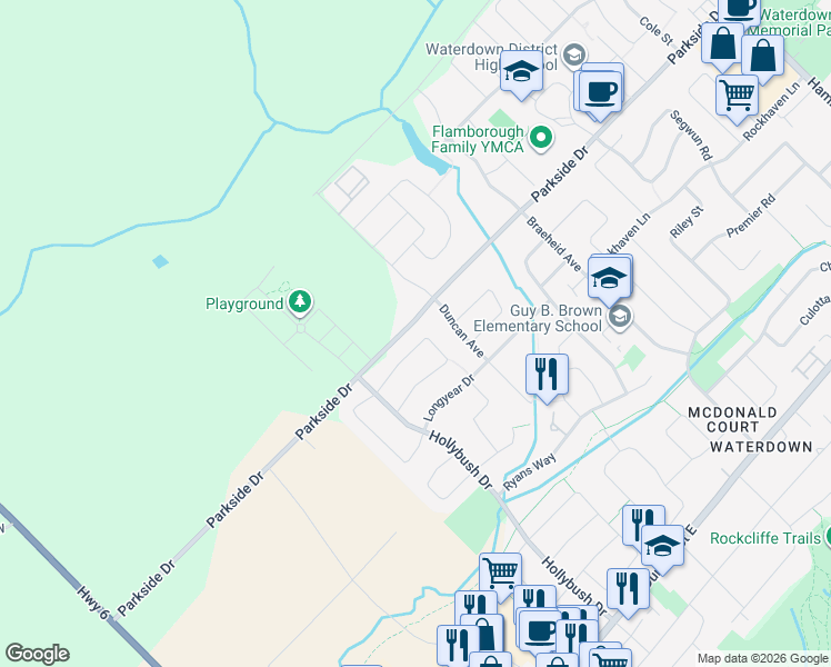 map of restaurants, bars, coffee shops, grocery stores, and more near 33 Strathroy Crescent in Hamilton