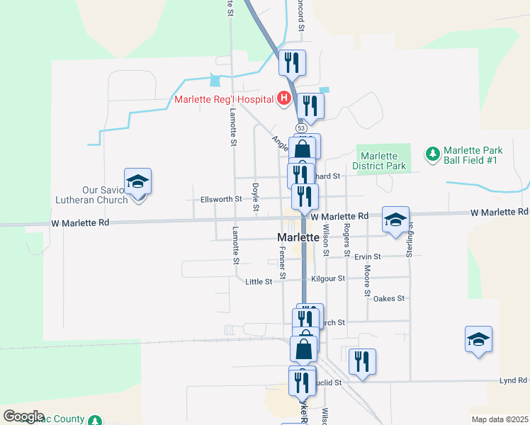 map of restaurants, bars, coffee shops, grocery stores, and more near 6525 Marlette Road in Marlette