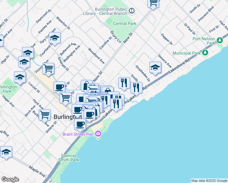 map of restaurants, bars, coffee shops, grocery stores, and more near in Burlington