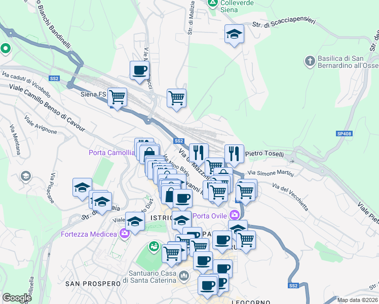 map of restaurants, bars, coffee shops, grocery stores, and more near 35 Viale Sardegna in Siena