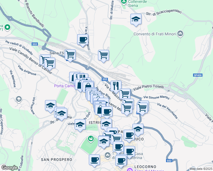 map of restaurants, bars, coffee shops, grocery stores, and more near Via Nino Bixio in Siena