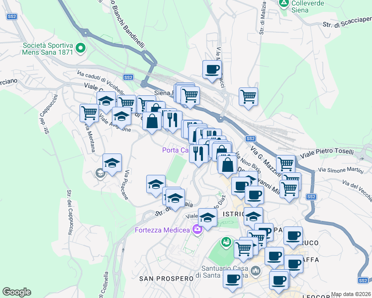 map of restaurants, bars, coffee shops, grocery stores, and more near 55 Via Bettino Ricasoli in Siena
