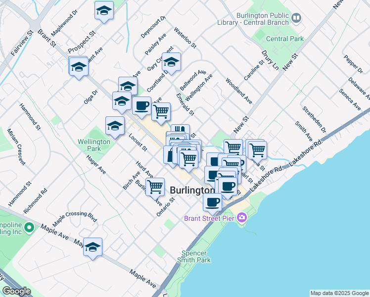map of restaurants, bars, coffee shops, grocery stores, and more near 497 Brant Street in Burlington