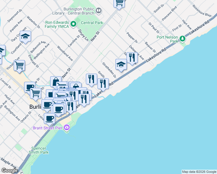 map of restaurants, bars, coffee shops, grocery stores, and more near 2190 Lakeshore Road in Burlington