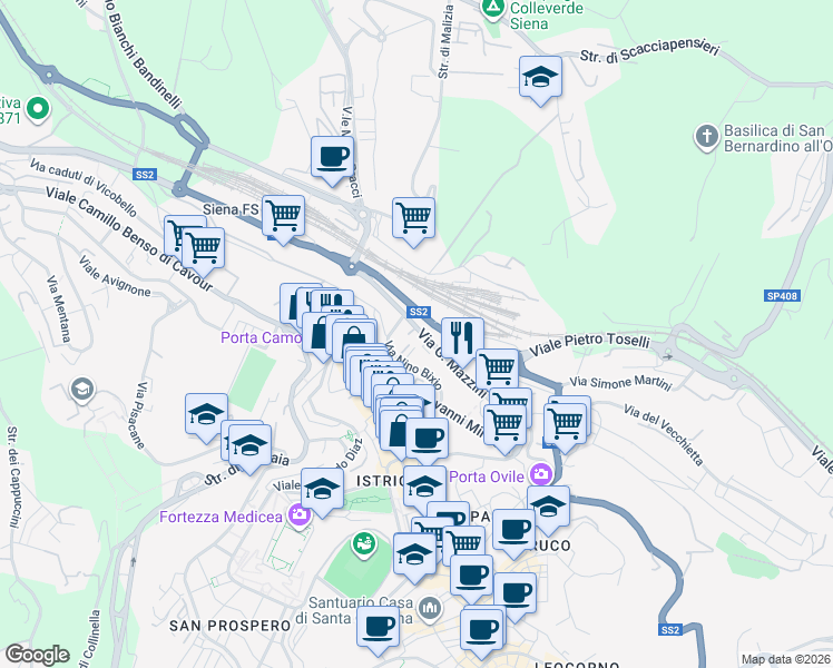 map of restaurants, bars, coffee shops, grocery stores, and more near Via Nino Bixio in Siena