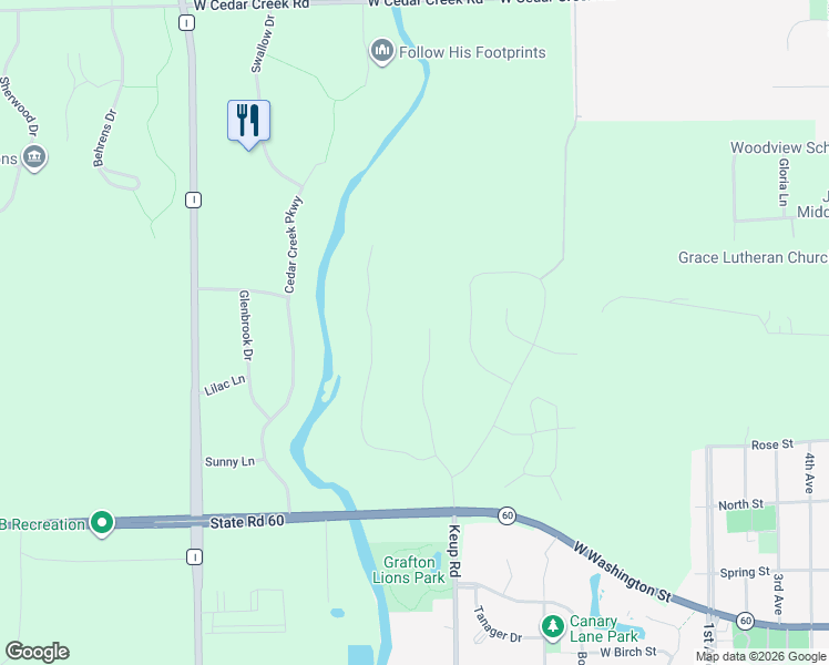 map of restaurants, bars, coffee shops, grocery stores, and more near 1441 Keup Road in Grafton