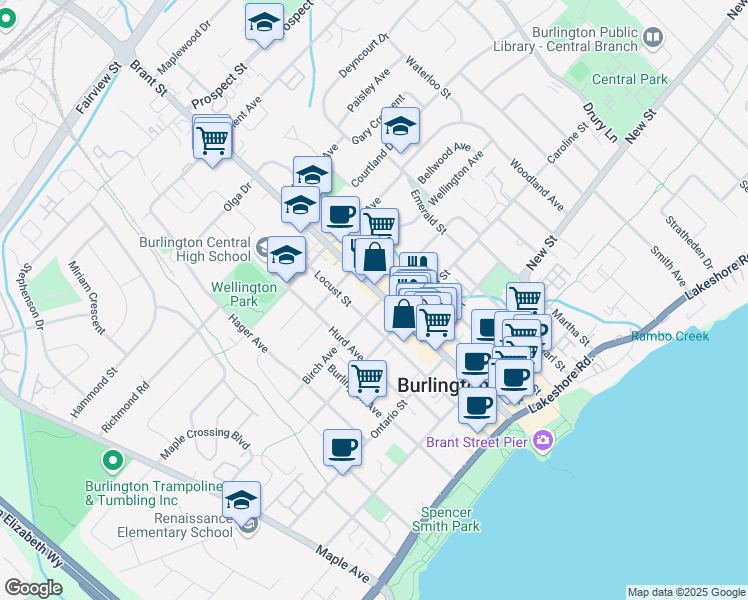map of restaurants, bars, coffee shops, grocery stores, and more near 1461 Caroline Street in Burlington