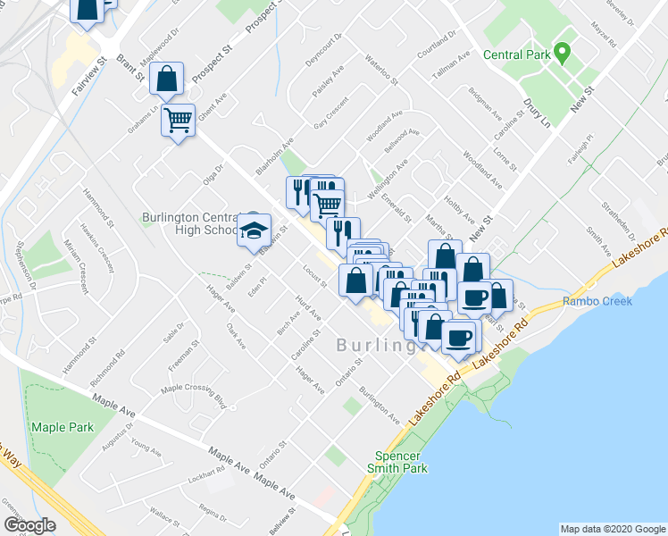 map of restaurants, bars, coffee shops, grocery stores, and more near 534 Brant Street in Burlington