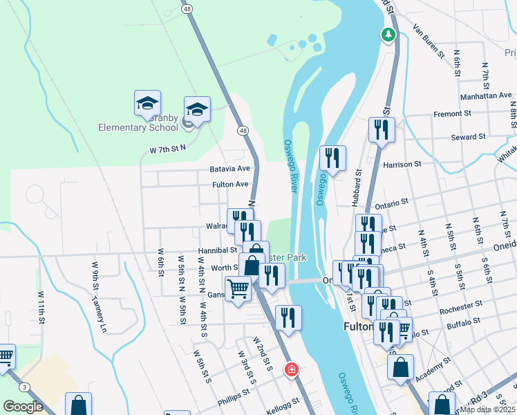 map of restaurants, bars, coffee shops, grocery stores, and more near 151 West 1st Street North in Fulton
