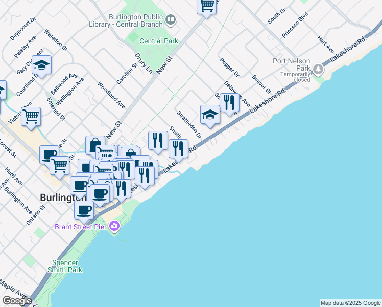 map of restaurants, bars, coffee shops, grocery stores, and more near in Burlington