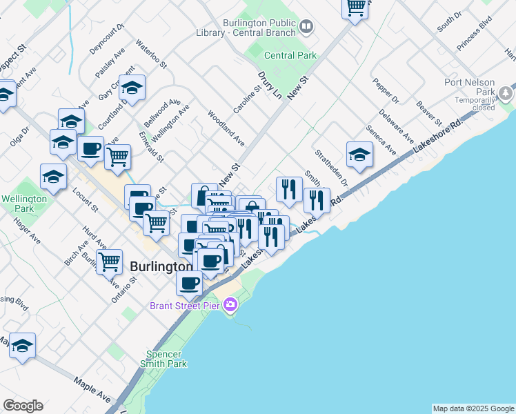 map of restaurants, bars, coffee shops, grocery stores, and more near in Burlington