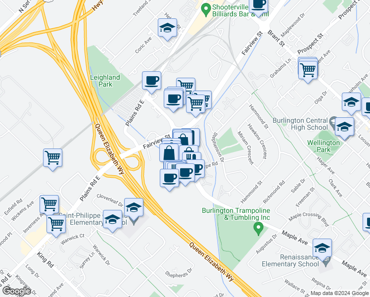 map of restaurants, bars, coffee shops, grocery stores, and more near 895 Maple Avenue in Burlington