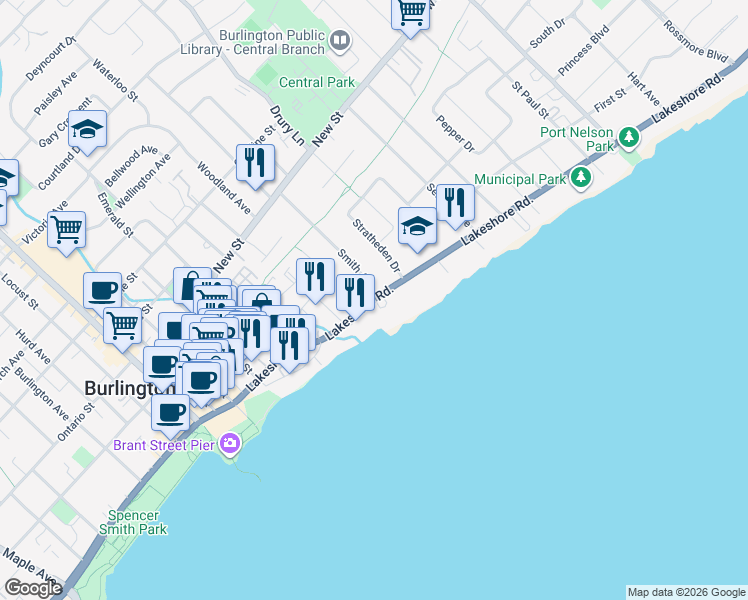 map of restaurants, bars, coffee shops, grocery stores, and more near 2213 B Lakeshore Road in Burlington