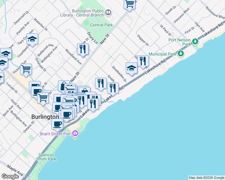 map of restaurants, bars, coffee shops, grocery stores, and more near 352 Smith Avenue in Burlington