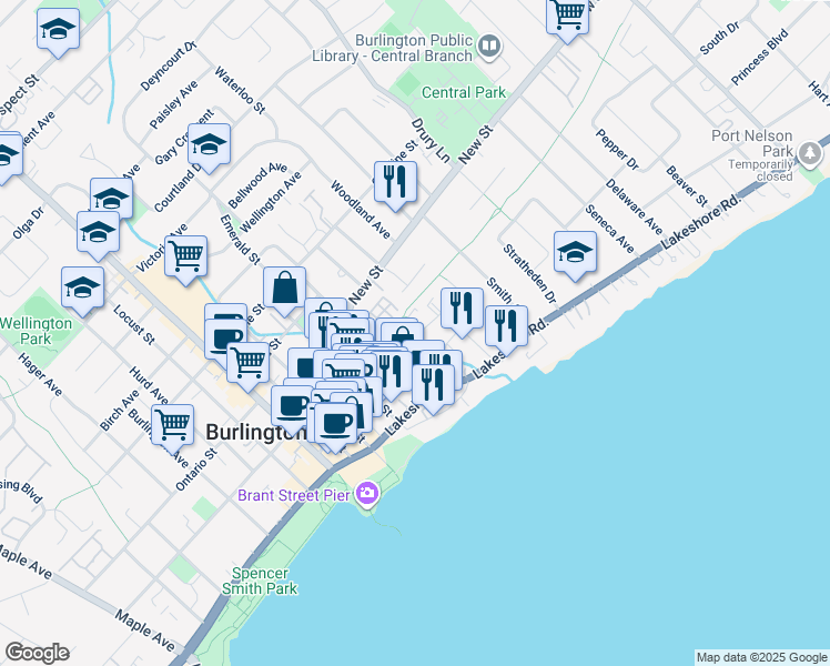 map of restaurants, bars, coffee shops, grocery stores, and more near in Burlington