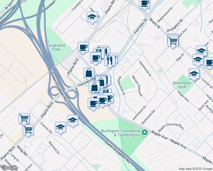map of restaurants, bars, coffee shops, grocery stores, and more near 895 Maple Avenue in Burlington
