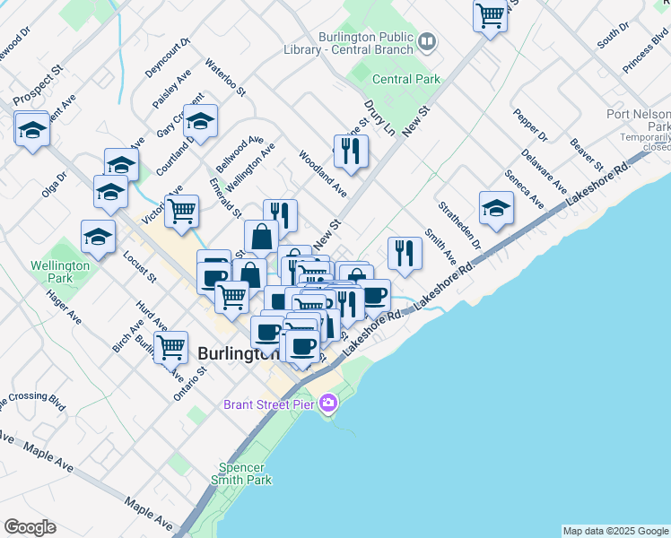 map of restaurants, bars, coffee shops, grocery stores, and more near in Burlington