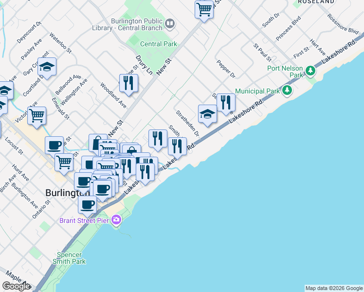 map of restaurants, bars, coffee shops, grocery stores, and more near 2187 Lakeshore Road in Burlington