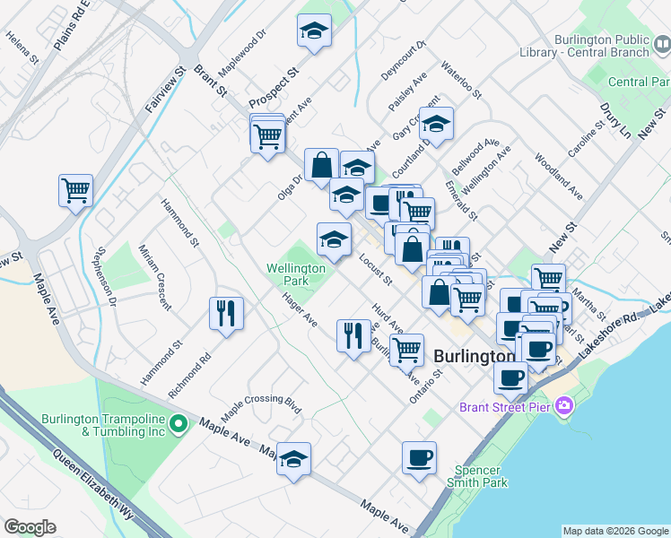map of restaurants, bars, coffee shops, grocery stores, and more near 1433 Baldwin Street in Burlington